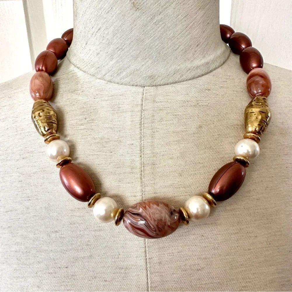 Brown gold tone faux pearl beaded necklace